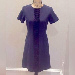 Vilagallo Navy Ponte Knit Black Lace Trim Short Sleeve Dress 8